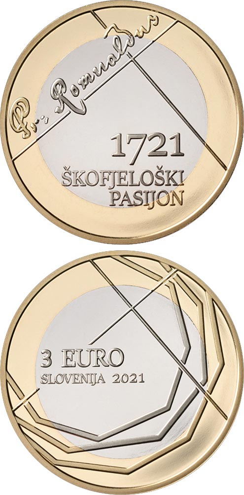 Image of 3 euro coin - 300th anniversary of Škofjeloški pasijon | Slovenia 2021.  The Bimetal: CuNi, nordic gold coin is of UNC quality.