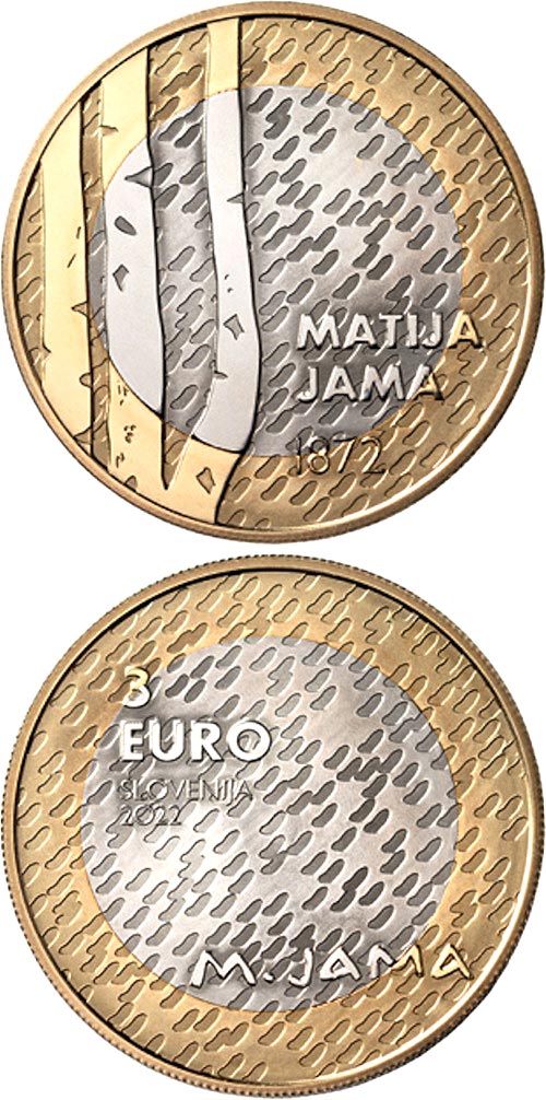 Image of 3 euro coin - 150th Anniversary of Birth of Painter Matija Jama | Slovenia 2022.  The Bimetal: CuNi, nordic gold coin is of UNC quality.