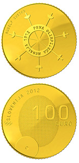 Image of 100 euro coin - 100th anniversary of the first Slovene winner of the Olympic medal  | Slovenia 2012.  The Gold coin is of Proof quality.