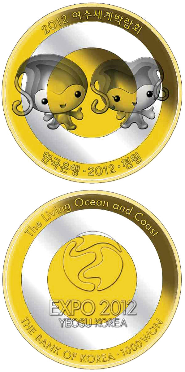 Image of 1000 won coin - Yeosu EXPO 2012 - Official mascots | South Korea 2012.  The Bimetal: CuNi, nordic gold coin is of UNC quality.