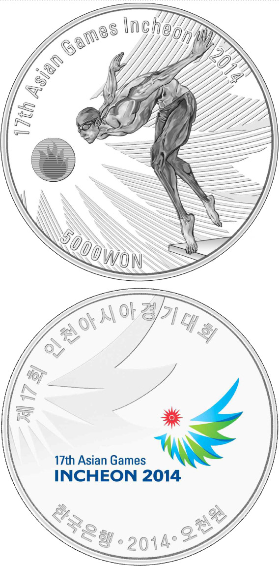 Image of 5000 won coin - 17th Asian Games Incheon 2014: Swimming | South Korea 2014.  The Silver coin is of Proof quality.