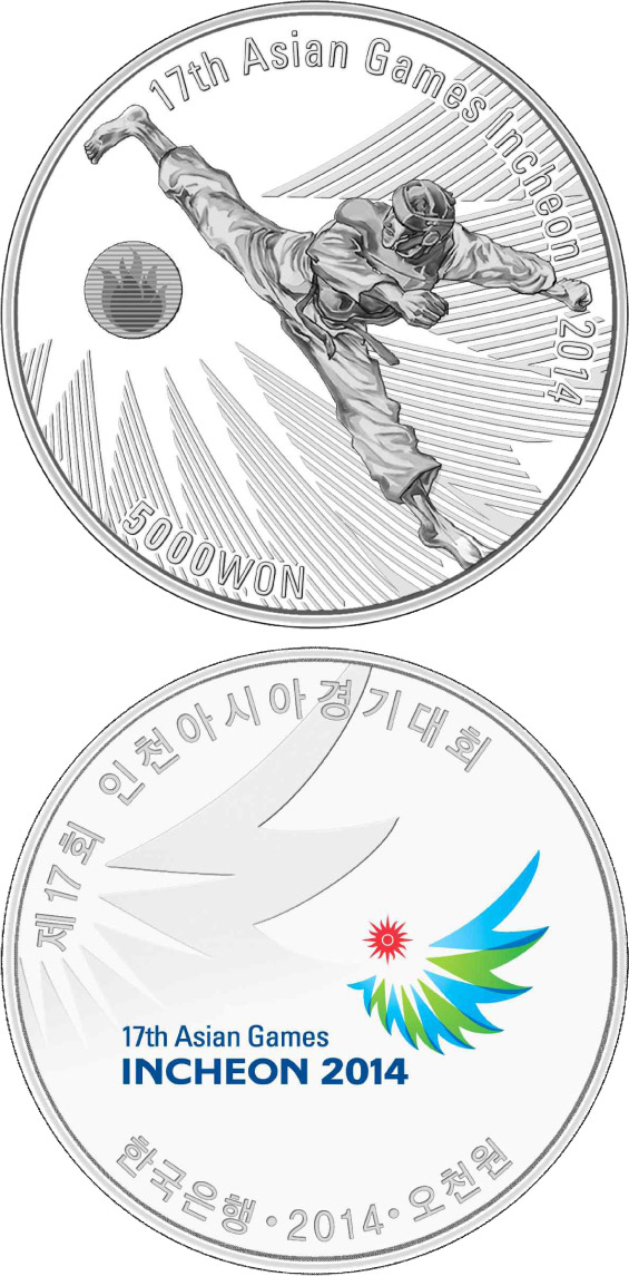 Image of 5000 won coin - 17th Asian Games Incheon 2014: Taekwondo | South Korea 2014.  The Silver coin is of Proof quality.