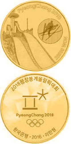Image of 20000 won coin - The PyeongChang 2018 Olympic Winter Games - Alpensia Ski Jumping Centre | South Korea 2016.  The Gold coin is of Proof quality.