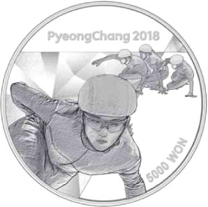 Image of 5000 won coin - The PyeongChang 2018 Olympic Winter Games – Short track speed skating | South Korea 2016.  The Silver coin is of Proof quality.