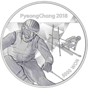 Image of 5000 won coin - The PyeongChang 2018 Olympic Winter Games – Alpine skiing | South Korea 2016.  The Silver coin is of Proof quality.