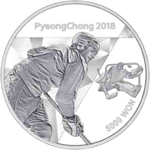Image of 5000 won coin - The PyeongChang 2018 Olympic Winter Games – Ice hockey | South Korea 2016.  The Silver coin is of Proof quality.