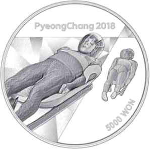 Image of 5000 won coin - The PyeongChang 2018 Olympic Winter Games – Luge | South Korea 2016.  The Silver coin is of Proof quality.
