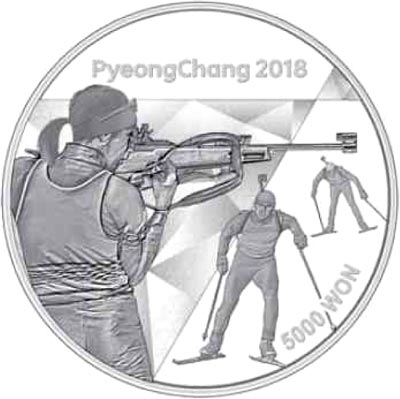 Image of 5000 won coin - The PyeongChang 2018 Olympic Winter Games – Biathlon | South Korea 2016.  The Silver coin is of Proof quality.