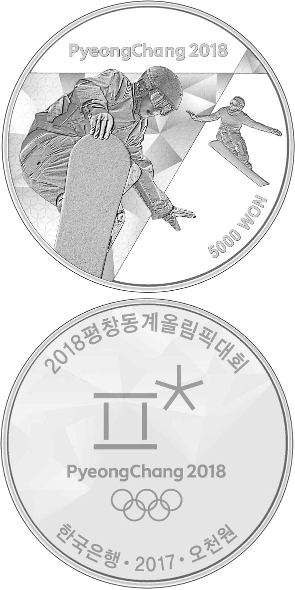 Image of 5000 won coin - The PyeongChang 2018 Olympic Winter Games – Snowboard | South Korea 2017.  The Silver coin is of Proof quality.