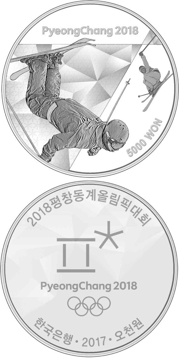 Image of 5000 won coin - The PyeongChang 2018 Olympic Winter Games – Freestyle skiing | South Korea 2017.  The Silver coin is of Proof quality.