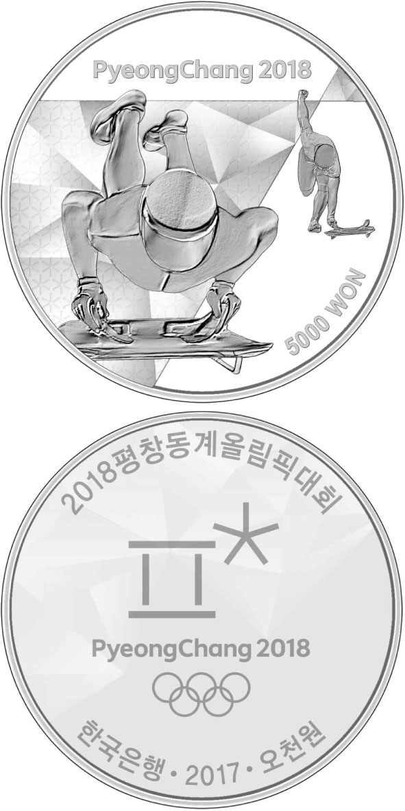 Image of 5000 won coin - The PyeongChang 2018 Olympic Winter Games – Skeleton | South Korea 2017.  The Silver coin is of Proof quality.