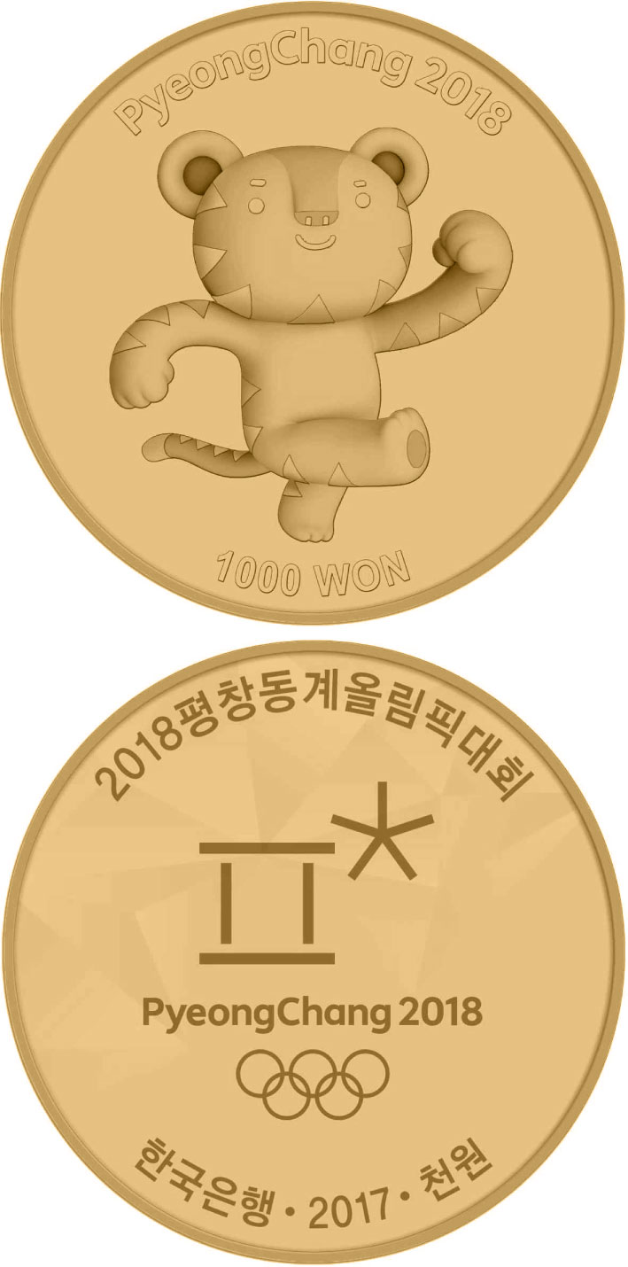 Image of 1000 won coin - The PyeongChang 2018 Olympic Winter Games – Mascot | South Korea 2017.  The Copper–Nickel (CuNi) coin is of Proof quality.