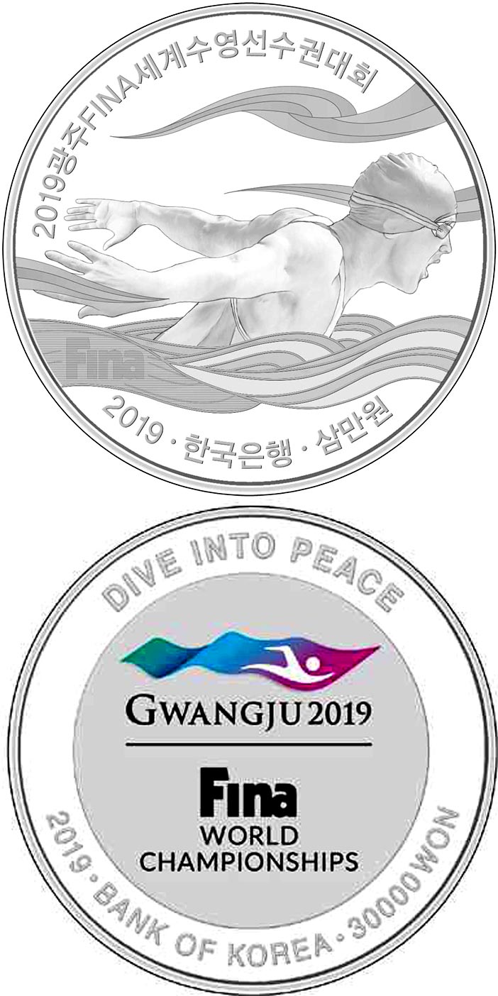 Image of 30000 won coin - The 18th FINA World Championships Gwangju
2019 | South Korea 2019.  The Silver coin is of Proof quality.