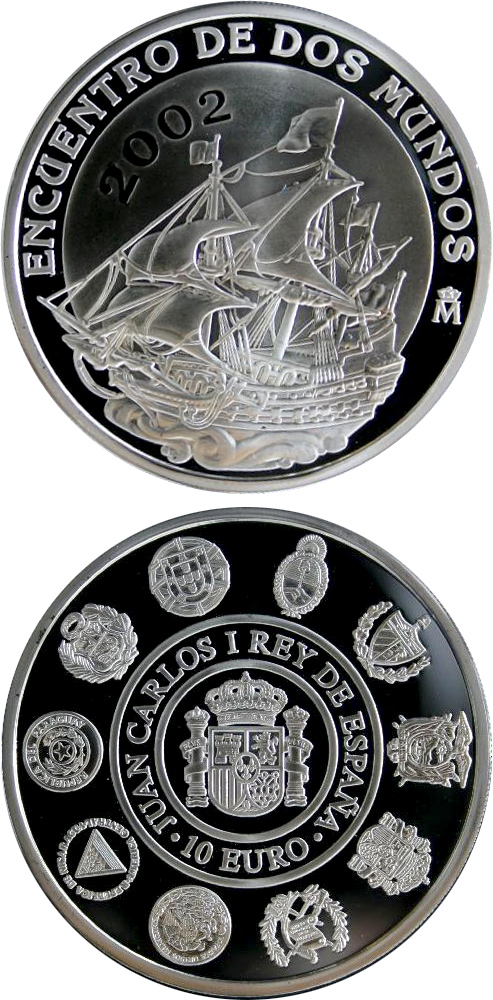 Image of 10 euro coin - V Iberoamerican Series – Sailing | Spain 2002.  The Silver coin is of Proof quality.