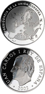 Image of 10 euro coin - Spanish Presidency of the European Union | Spain 2002.  The Silver coin is of Proof quality.