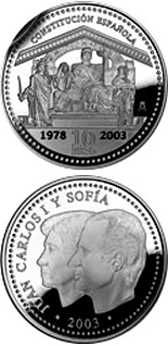 Image of 10 euro coin - 25th Aniversary Spanish Constitution | Spain 2003.  The Silver coin is of Proof quality.