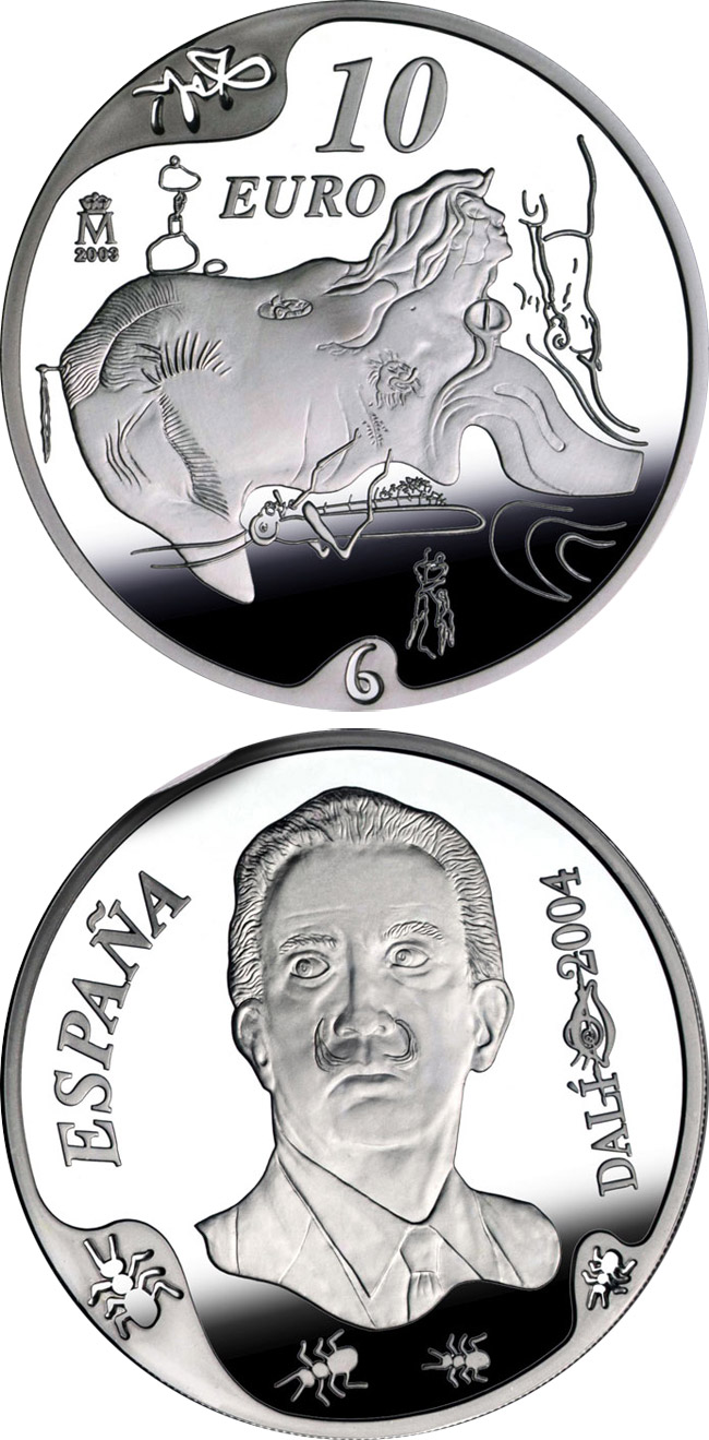 Image of 10 euro coin - Centenary of the birth of Salvador Dalí - The great masturbator | Spain 2004.  The Silver coin is of Proof quality.
