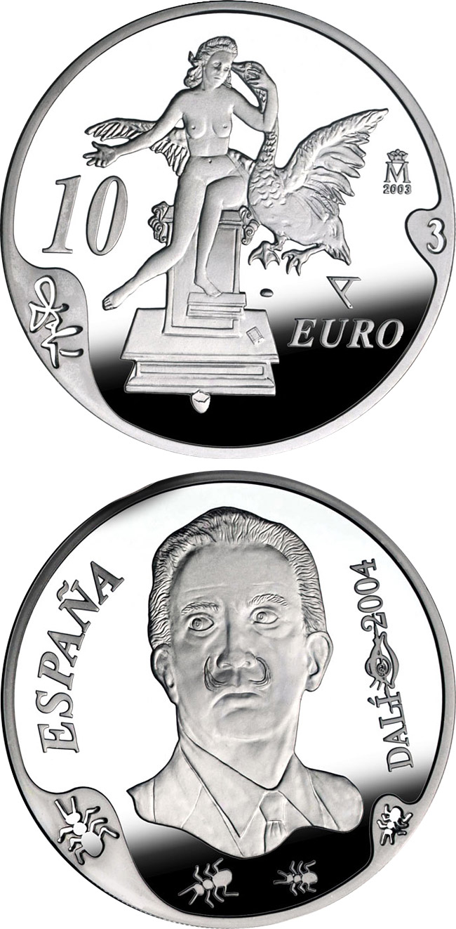 Image of 10 euro coin - Centenary of the birth of Salvador Dalí – Atomic Leda | Spain 2004.  The Silver coin is of Proof quality.