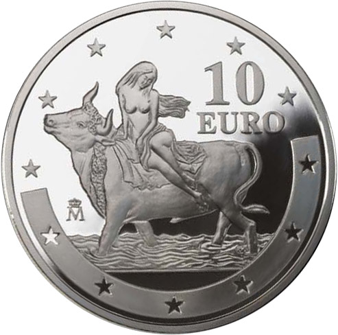 Image of 10 euro coin - First anniversary of the euro | Spain 2003.  The Silver coin is of Proof quality.