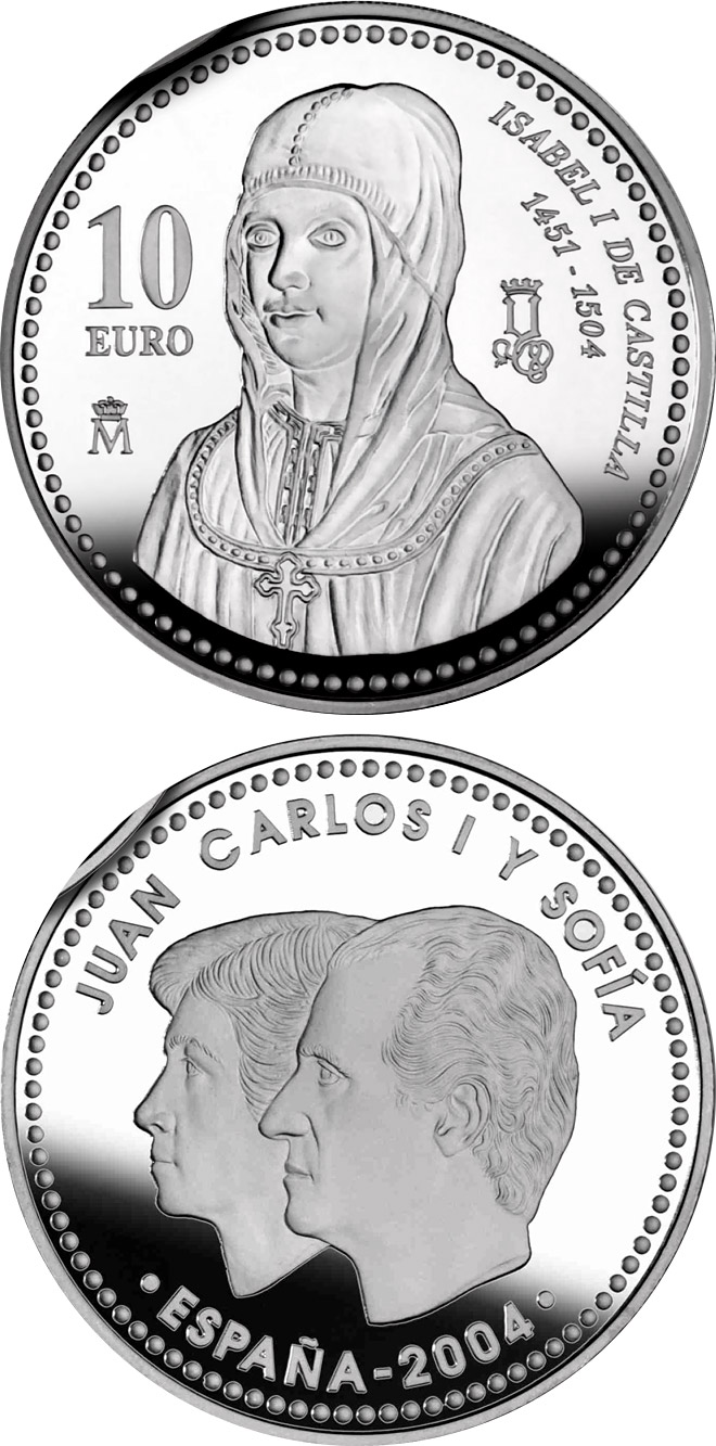 Image of 10 euro coin - 5th Centenary of Isabella I of Castile | Spain 2004.  The Silver coin is of Proof quality.