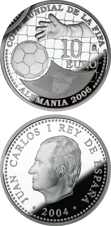 Image of 10 euro coin - FIFA World Cup Germany 2006 – Issue 2004 | Spain 2004.  The Silver coin is of Proof quality.