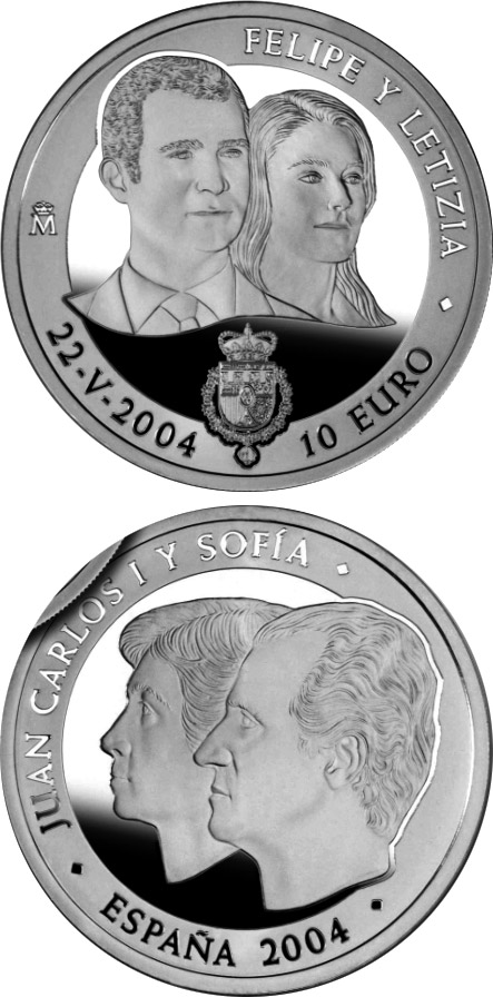 Image of 10 euro coin - Felipe and Letizia | Spain 2004.  The Silver coin is of Proof quality.