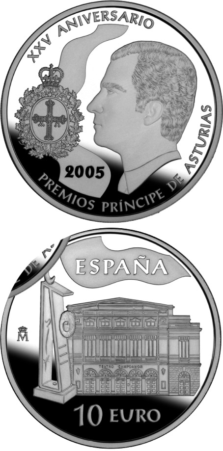 Image of 10 euro coin - 25th Anniversary of the Prince Asturias Awards | Spain 2005.  The Silver coin is of Proof quality.