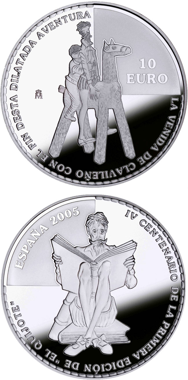 Image of 10 euro coin - 4th Centenary of the publication of Don Quixote – D.Quijote and Sancho mounting Clavileño  | Spain 2005.  The Silver coin is of Proof quality.