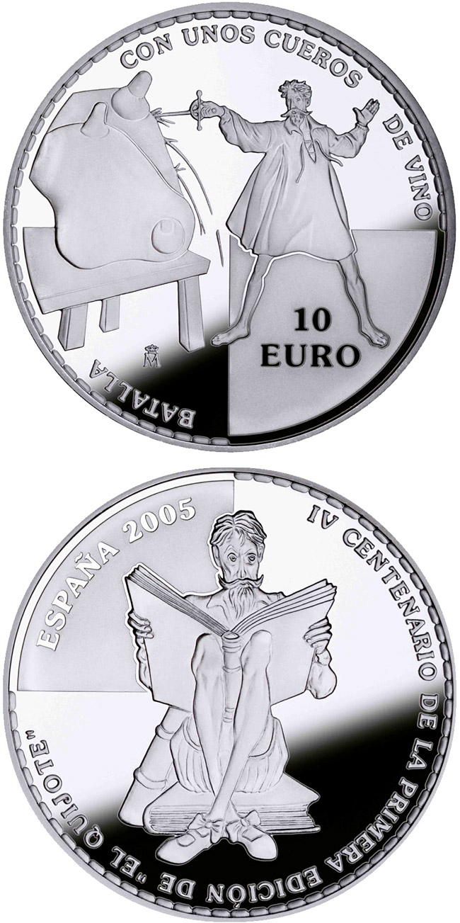Image of 10 euro coin - 4th Centenary of the publication of Don Quixote – D.Quijote stabbing wineskins  | Spain 2005.  The Silver coin is of Proof quality.