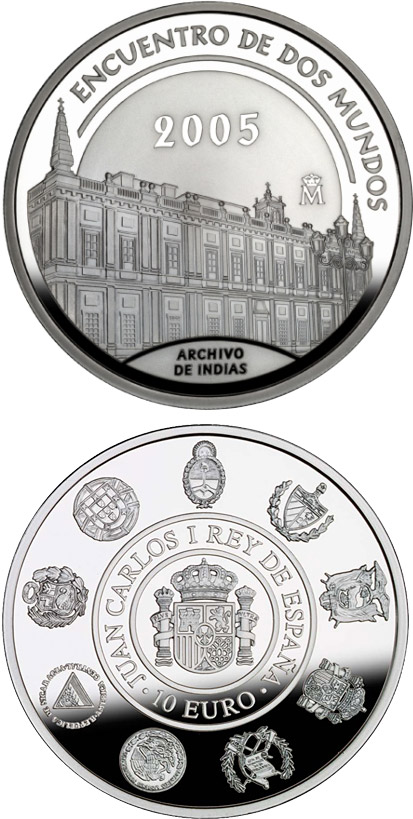 Image of 10 euro coin - VI Iberian-American Series: Architecture and Monuments | Spain 2005.  The Silver coin is of Proof quality.