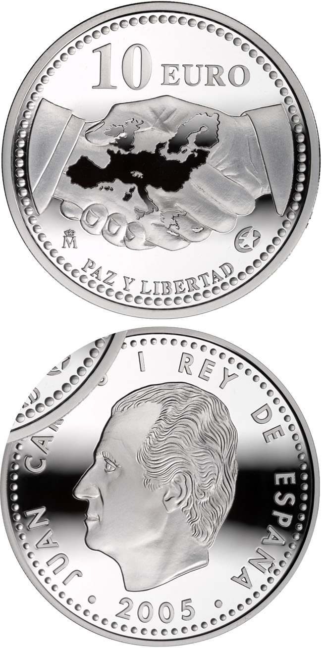 Image of 10 euro coin - The Europa Program - Peace and Freedom | Spain 2005.  The Silver coin is of Proof quality.