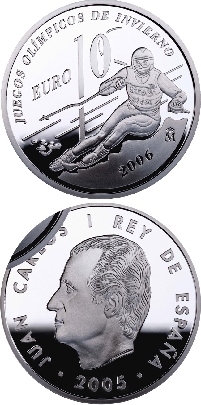 Image of 10 euro coin - The Winter Olympic Games 2006 | Spain 2005.  The Silver coin is of Proof quality.