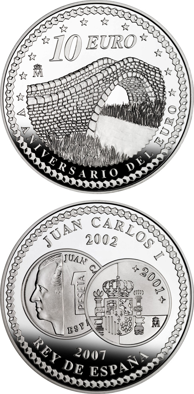 Image of 10 euro coin - 5th Anniversary of the Euro – Union | Spain 2007.  The Silver coin is of Proof quality.