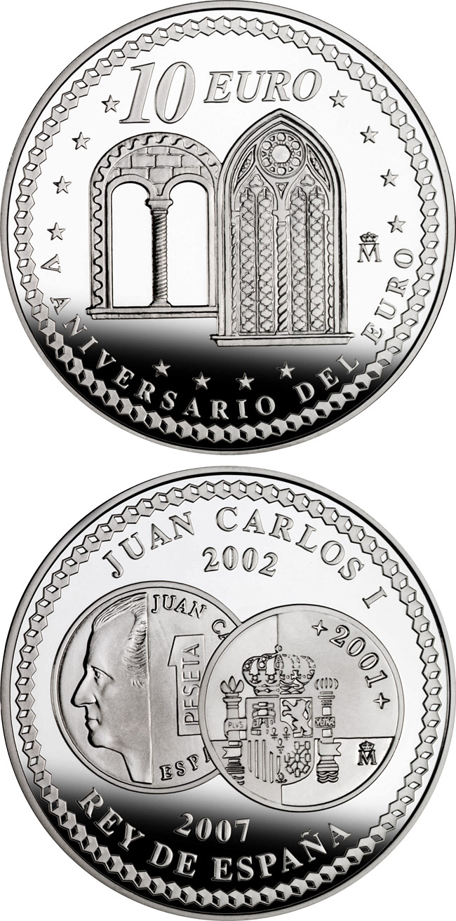 Image of 10 euro coin - 5th Anniversary of the Euro – Liberalism | Spain 2007.  The Silver coin is of Proof quality.
