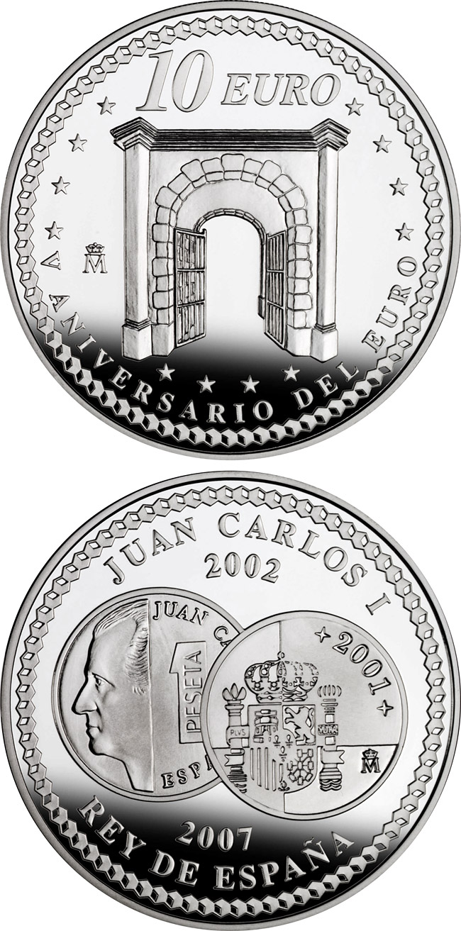 Image of 10 euro coin - 5th Anniversary of the Euro – Cooperation | Spain 2007.  The Silver coin is of Proof quality.