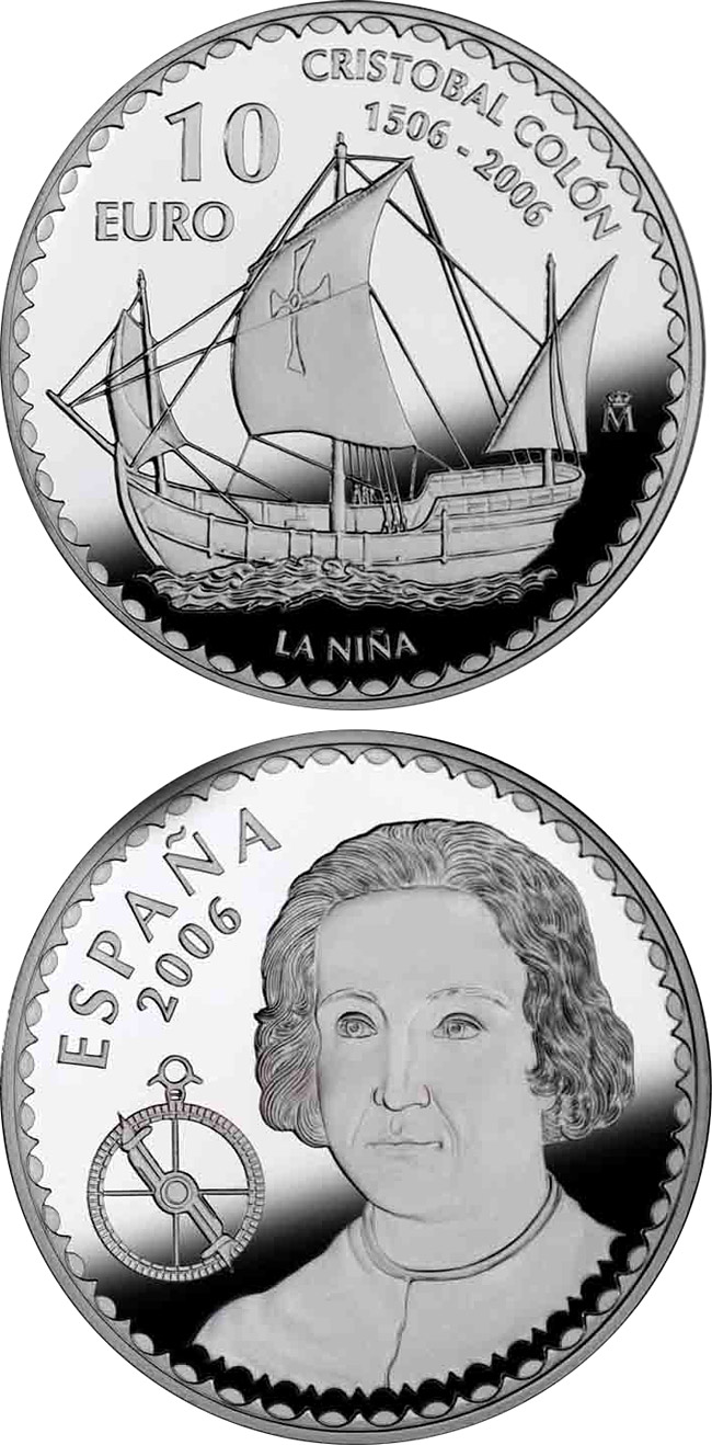 Image of 10 euro coin - Christopher Columbus 5th Centenary - La Niña | Spain 2006.  The Silver coin is of Proof quality.
