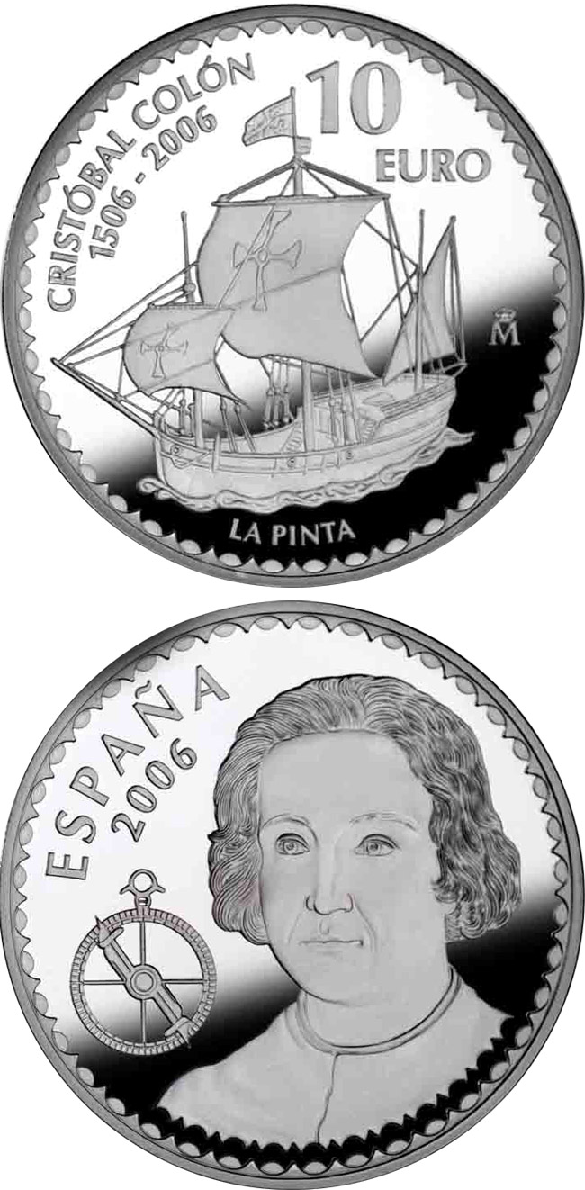 Image of 10 euro coin - Christopher Columbus 5th Centenary - La Pinta | Spain 2006.  The Silver coin is of Proof quality.