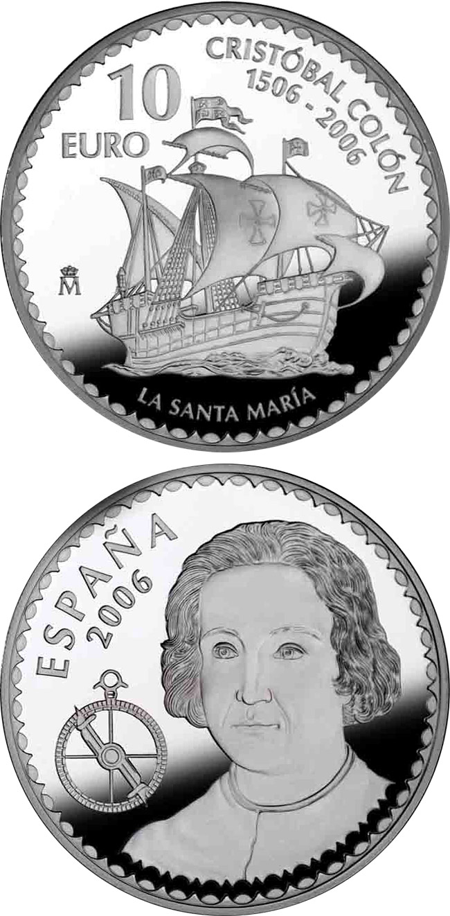 Image of 10 euro coin - Christopher Columbus 5th Centenary - Santa Maria | Spain 2006.  The Silver coin is of Proof quality.