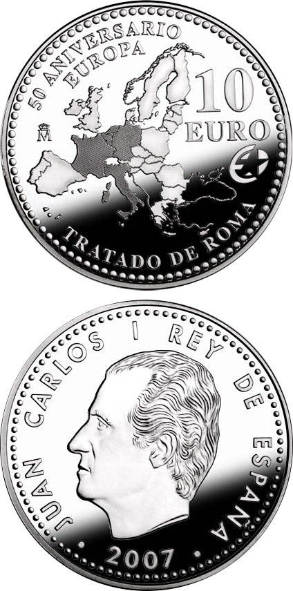 Image of 10 euro coin - The Europa Program – 50th Anniversary of the Treaty of Rome | Spain 2007.  The Silver coin is of Proof quality.
