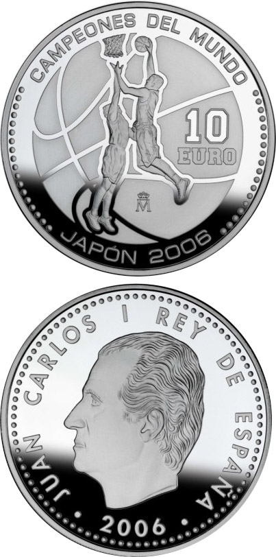 Image of 10 euro coin - World Basketball Champions - Japan 2006 | Spain 2006.  The Silver coin is of Proof quality.