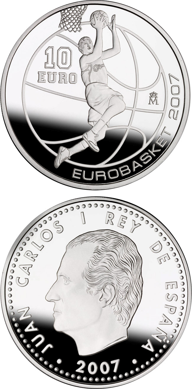 Image of 10 euro coin - Eurobasket 2007 | Spain 2007.  The Silver coin is of Proof quality.