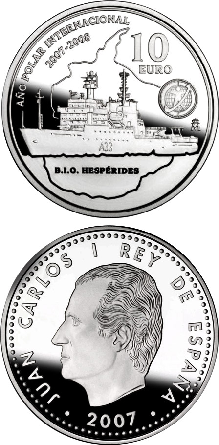 Image of 10 euro coin - International Polar Year | Spain 2007.  The Silver coin is of Proof quality.