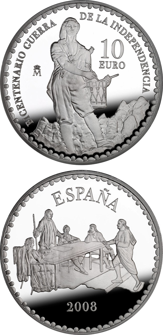 Image of 10 euro coin - Bicentenary War of Independence - Edict of the Mayors of Móstoles  | Spain 2008.  The Silver coin is of Proof quality.