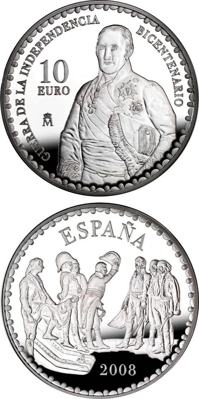 Image of 10 euro coin - Bicentenary War of Independence - The Surrender of Bailén by Alisal  | Spain 2008.  The Silver coin is of Proof quality.