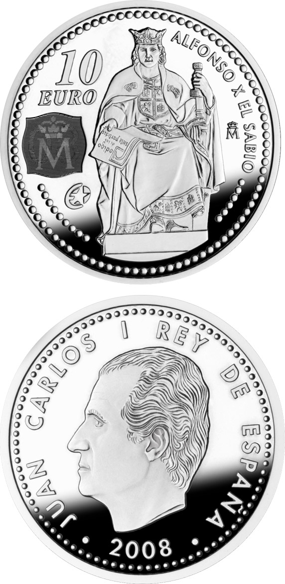 Image of 10 euro coin - Europa Program-Alphonse X the Wise | Spain 2008.  The Silver coin is of Proof quality.