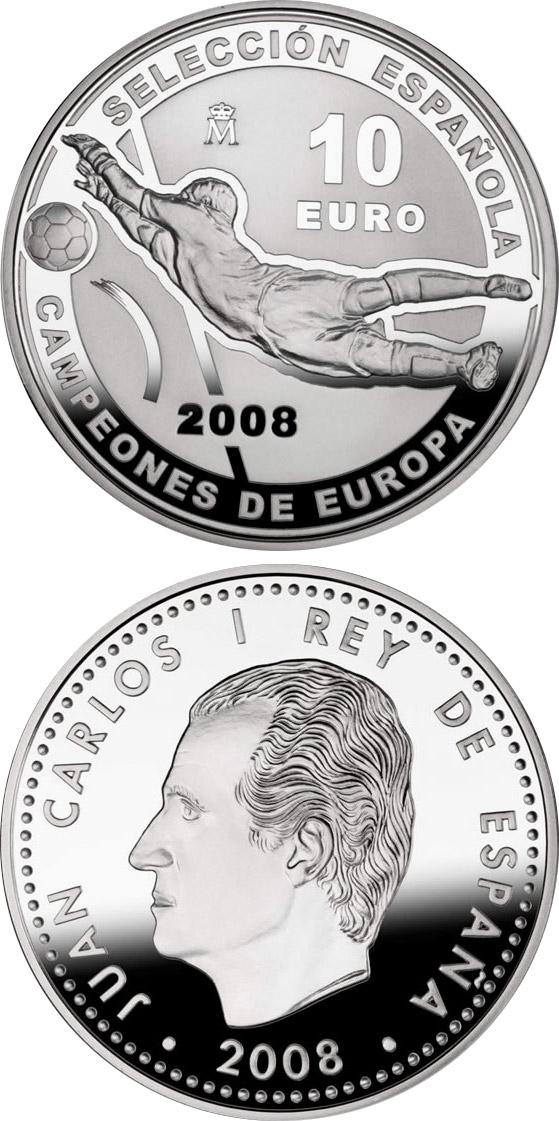 Image of 10 euro coin - European Champions 2008 | Spain 2008.  The Silver coin is of Proof quality.