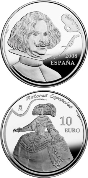 Image of 10 euro coin - Spanish Painters Series - Velázquez | Spain 2008.  The Silver coin is of Proof quality.