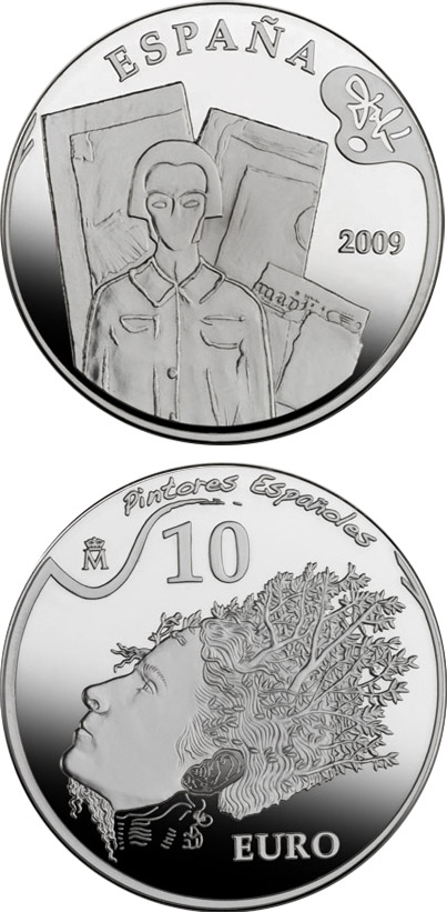 Image of 10 euro coin - 2nd Series Spanish Painters – Dalí - Portrait of Pablo Picasso in the 21st Century | Spain 2009.  The Silver coin is of Proof quality.