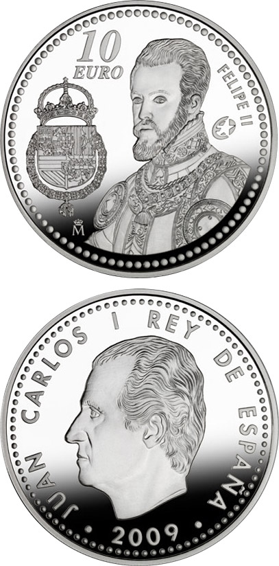 Image of 10 euro coin - Europa Program- Felipe II | Spain 2009.  The Silver coin is of Proof quality.