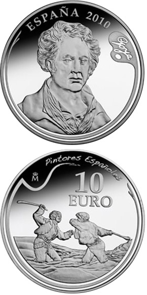 Image of 10 euro coin - 3rd Series Spanish Painters – Goya - Duel with Cudgels | Spain 2010.  The Silver coin is of Proof quality.